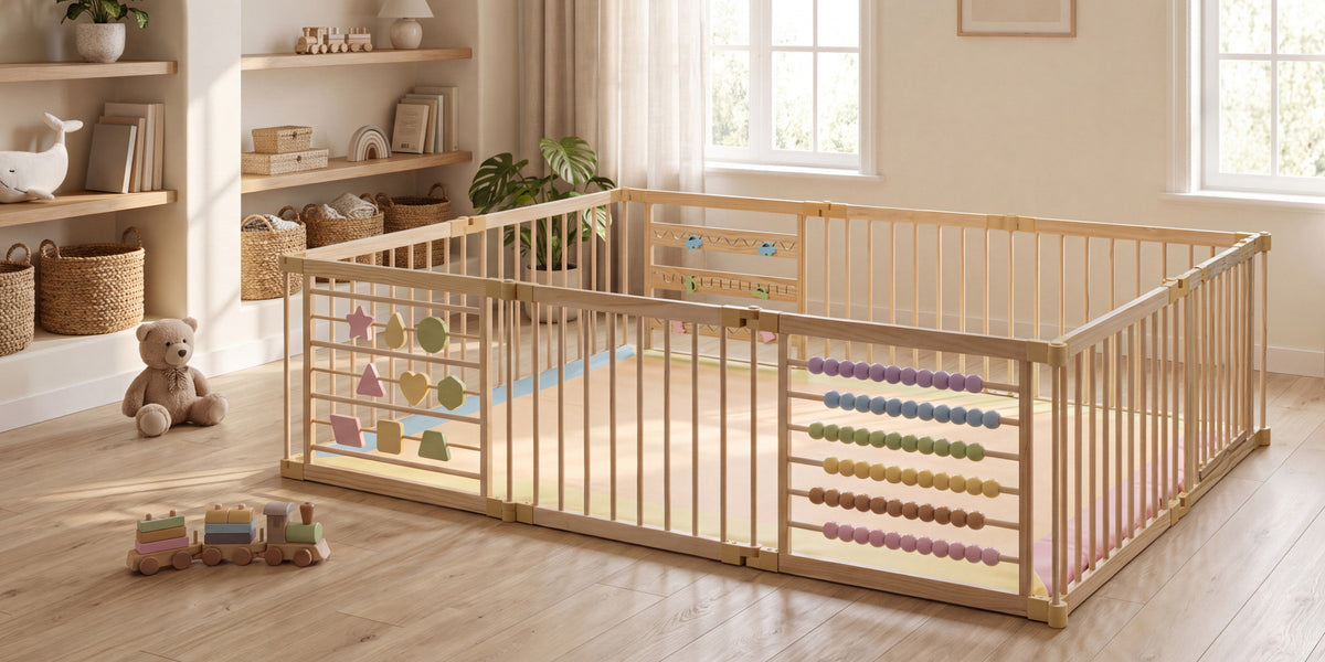 Natural wood ZETY baby playpen with abacus and activity panels set up in a bright sunlit nursery