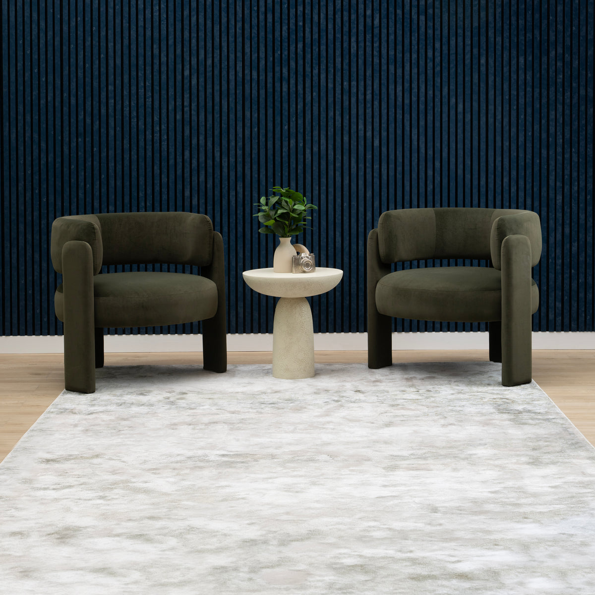 Sound-absorbing navy blue slat wood wall panels in a finished room, ZETY