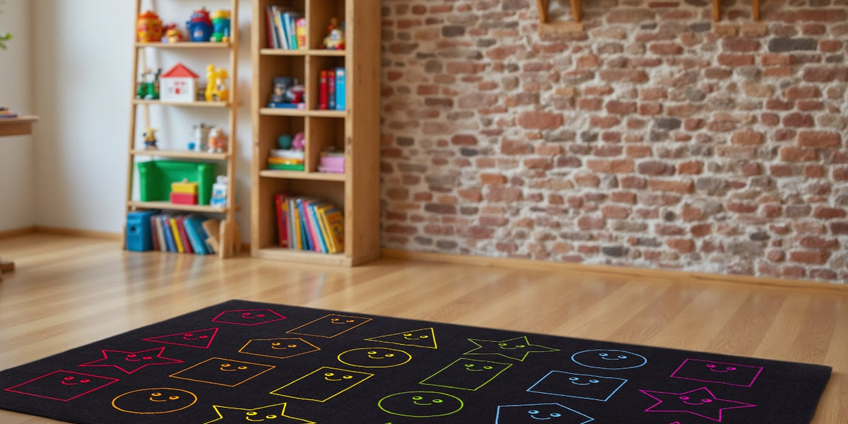 ZETY classroom rug with colorful shape outlines on a classroom floor