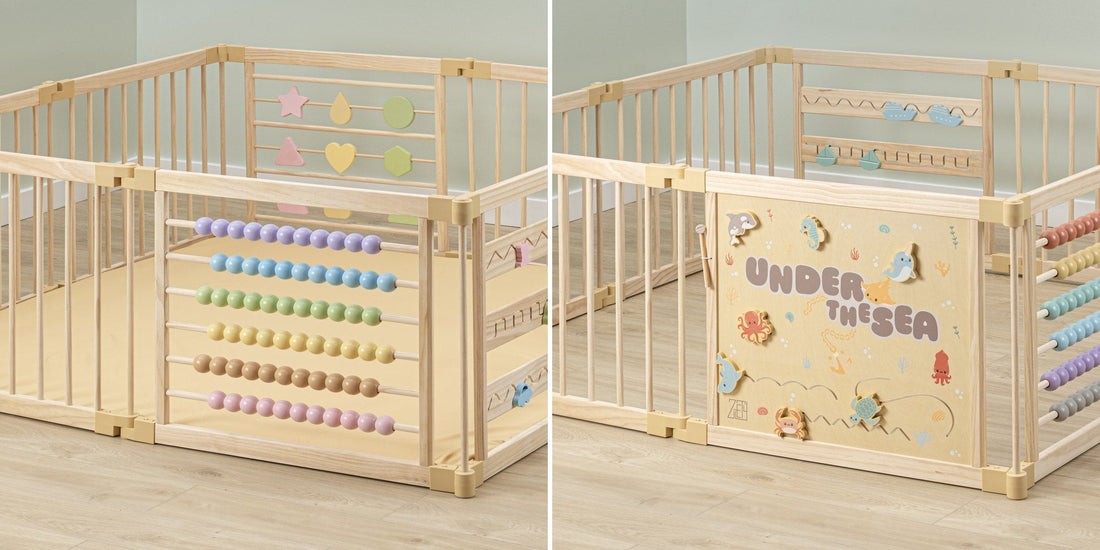 ZETY Geometry playpen beside the Under the Sea playpen, both in natural wood