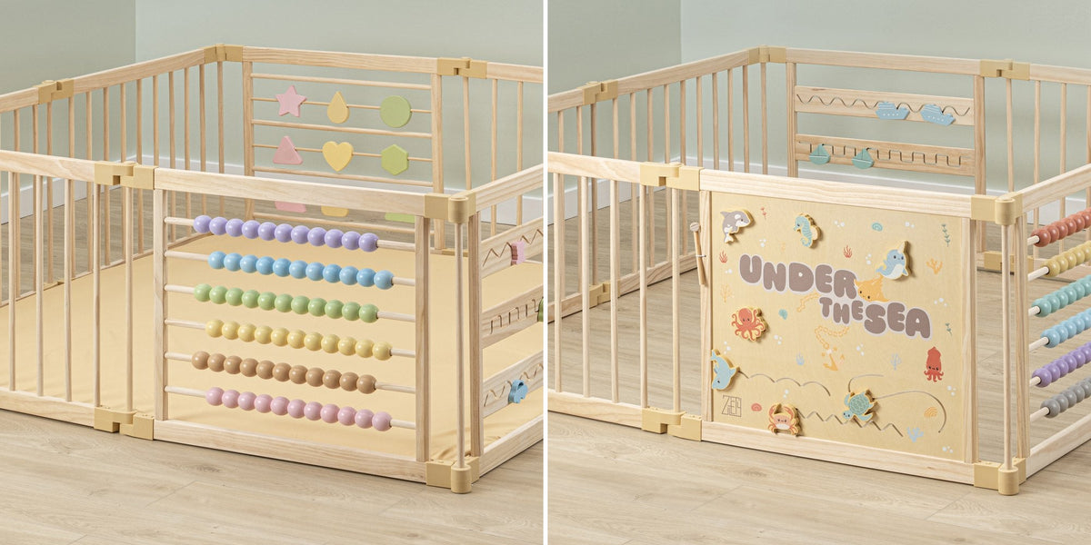 ZETY Geometry playpen beside the Under the Sea playpen, both in natural wood