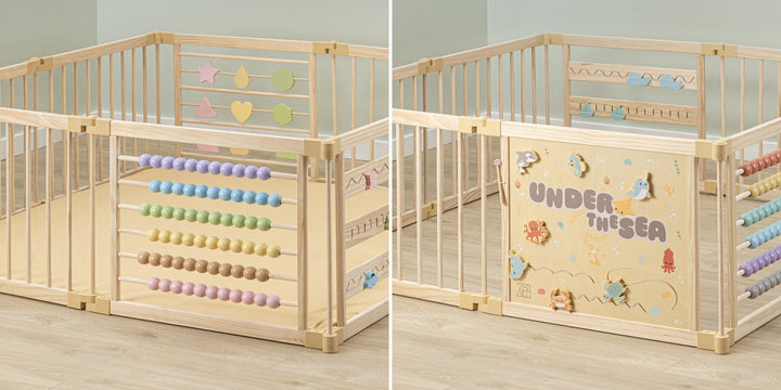 ZETY Geometry playpen beside the Under the Sea playpen, both in natural wood