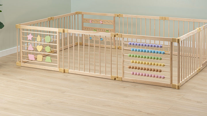 ZETY 10-panel wooden baby playpen set up as a long rectangle in a living room