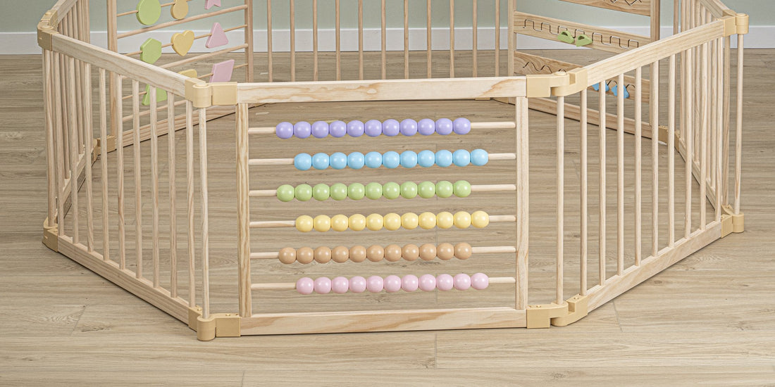 ZETY wooden playpen arranged in a hexagon shape with the abacus panel in front
