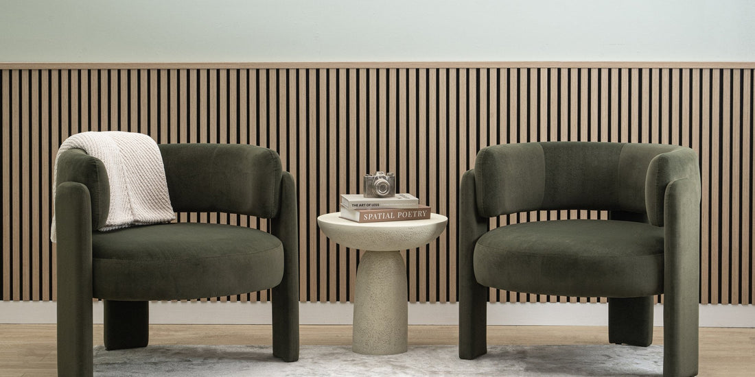 ZETY oak slat wainscoting panels as a half wall behind two lounge chairs