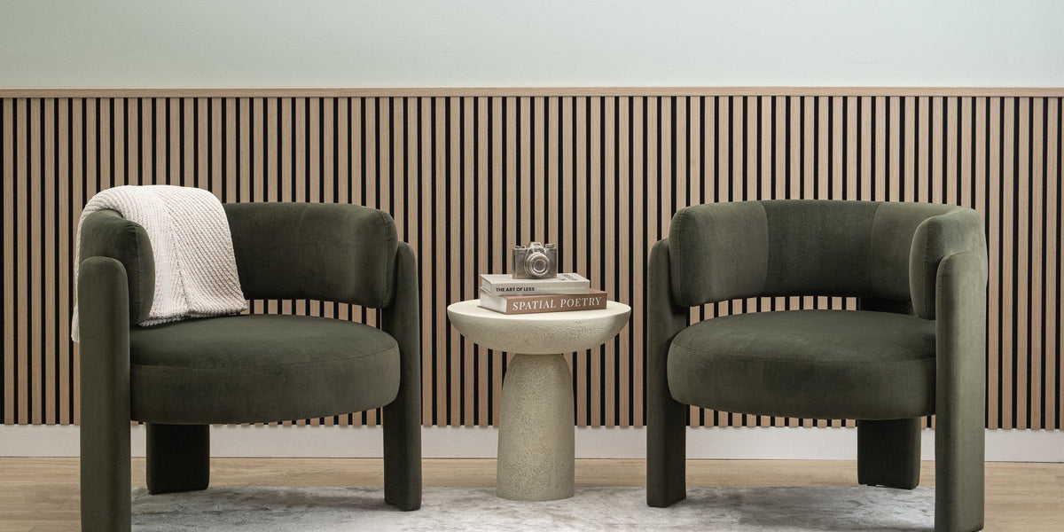 ZETY oak slat wainscoting panels as a half wall behind two lounge chairs