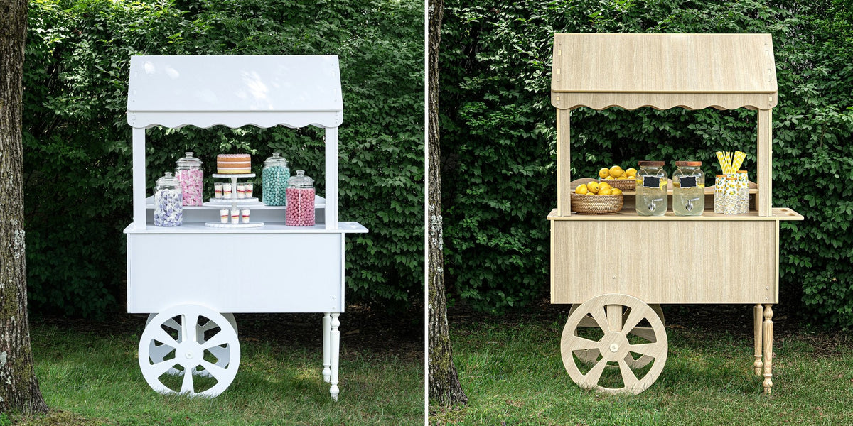 ZETY white candy cart next to the ZETY wood-look candy cart, both set up outdoors