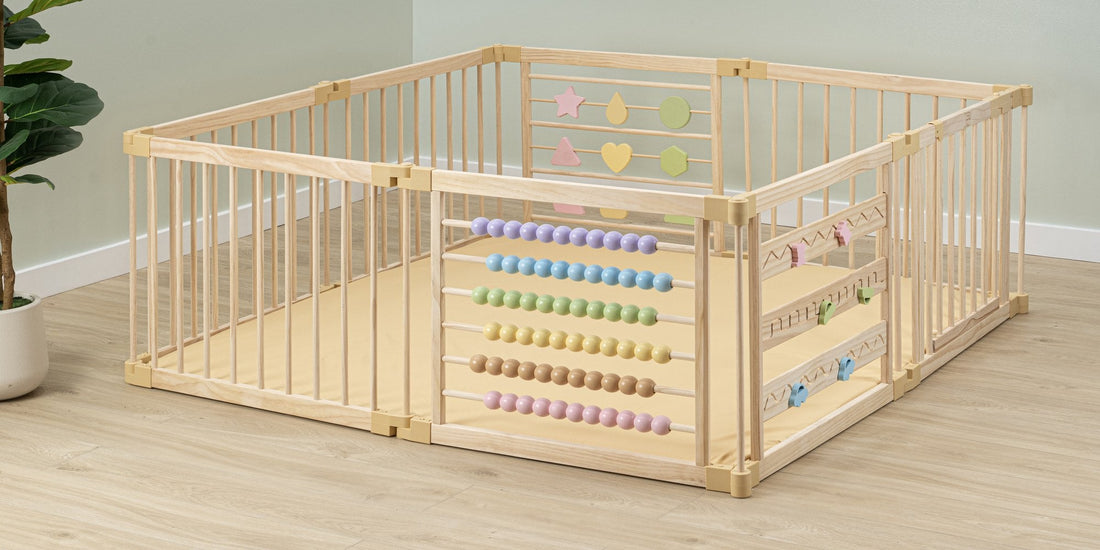 ZETY Geometry wooden activity playpen with abacus panel in a living room