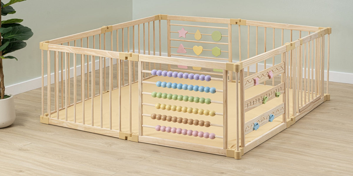 ZETY Geometry wooden activity playpen with abacus panel in a living room