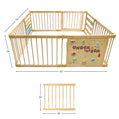 Zety Wooden Baby Playpen – 8-Panel Foldable with Under-The-Sea Toys, CPC & SGS Certified