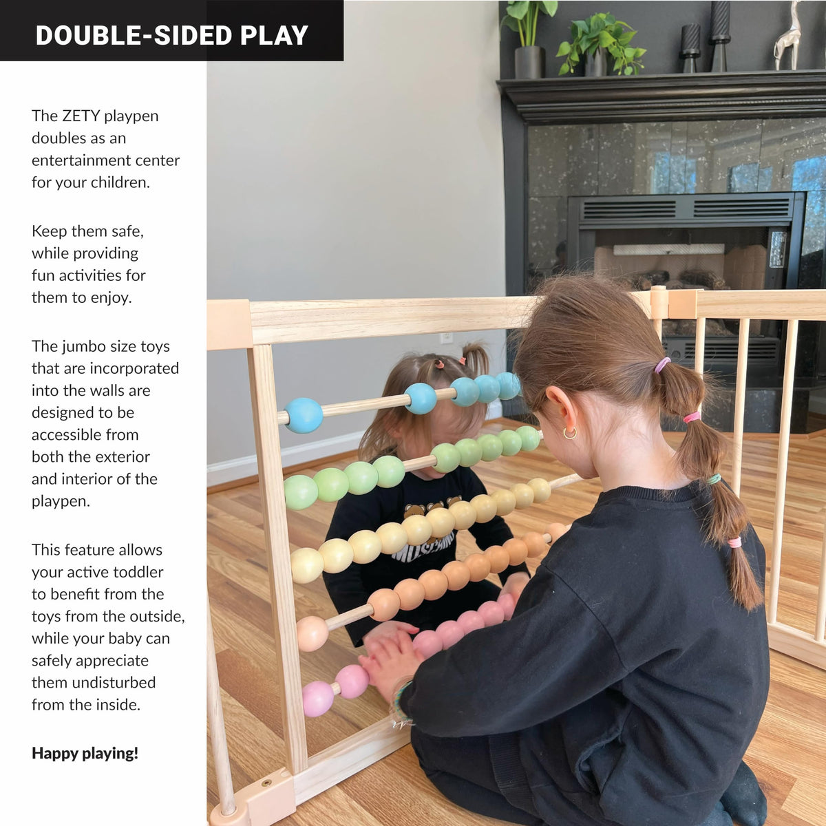 Wooden baby playpen in natural wood with built-in toys, 8-panel, ZETY