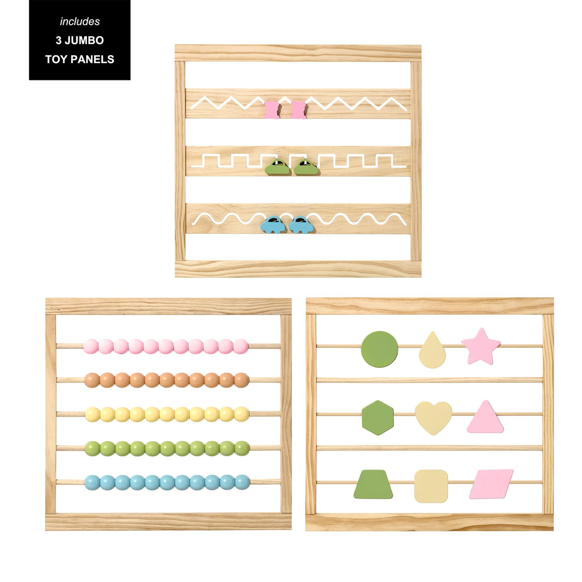 ZETY wooden activity playpen, 8 colored panels, folded open with built-in toys