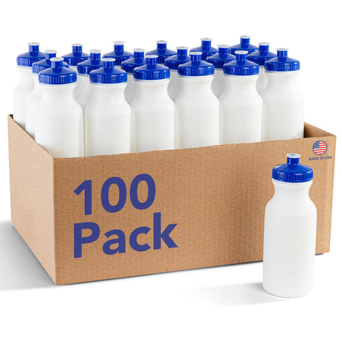 ZETY bulk water bottles, 100 pack of white 24 ounce reusable BPA-free bottles