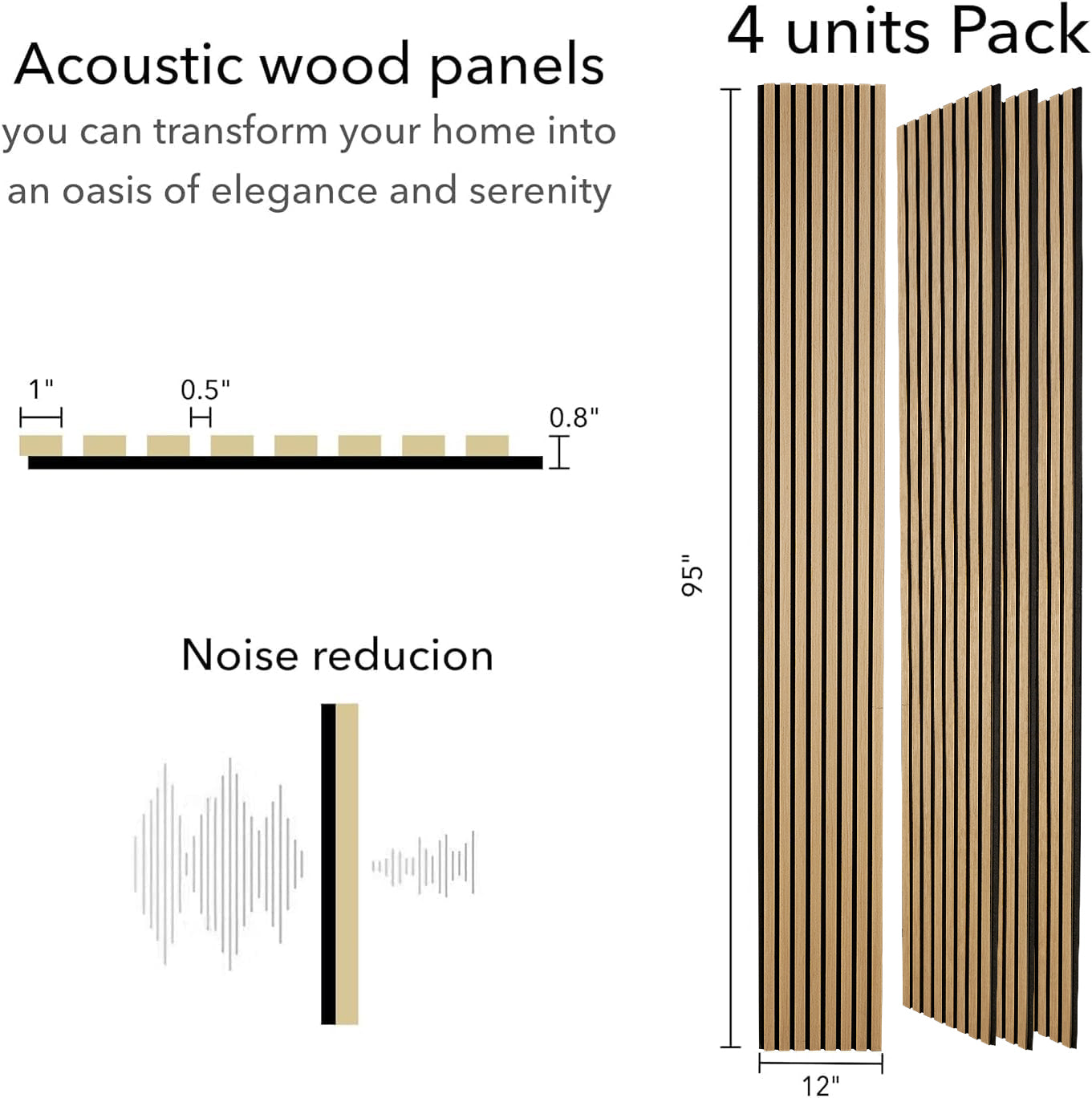 ZETY Oak Acoustic Slat Panels – 4PK Soundproof Wall Panels, 94.49” x 12”