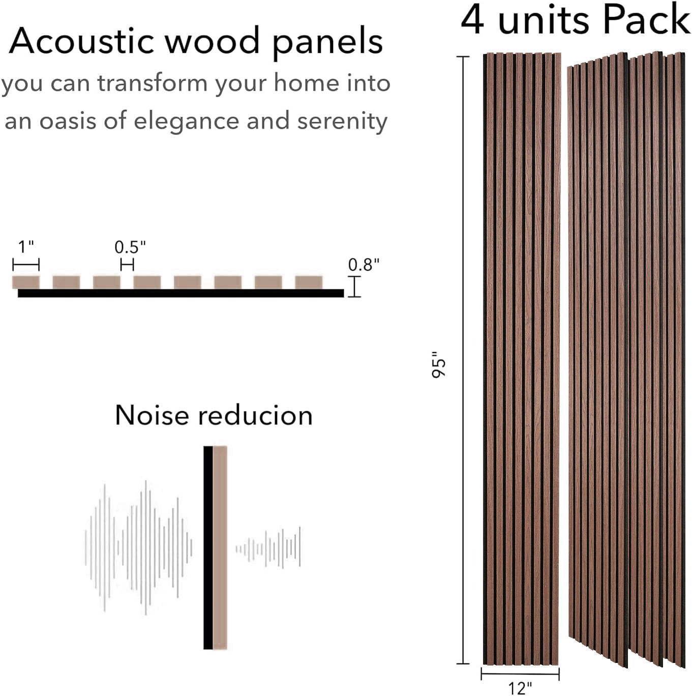 ZETY Walnut Oak Acoustic Slat Panels – 4PK Soundproof Wall Panels, 94.49” x 12”