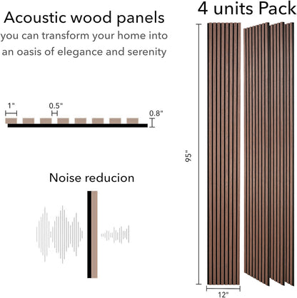ZETY Walnut Oak Acoustic Slat Panels – 4PK Soundproof Wall Panels, 94.49” x 12”