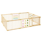 Foldable 10-panel wooden baby play yard in natural wood with a door panel, ZETY