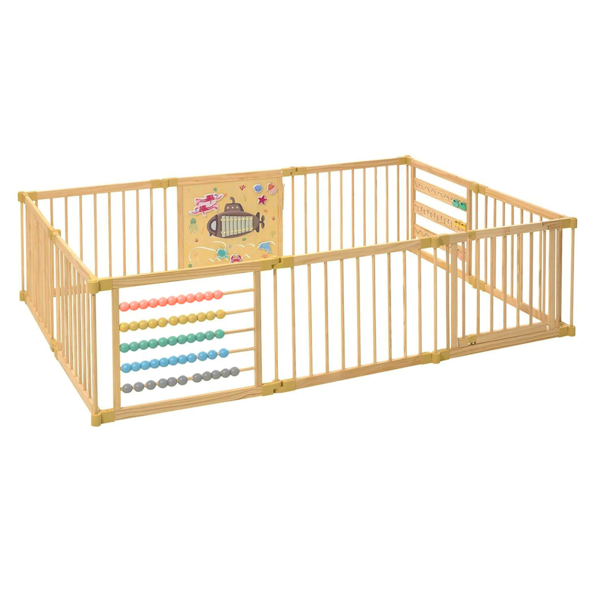 ZETY Under the Sea wooden baby playpen, 10-panel foldable play yard with themed built-in toys