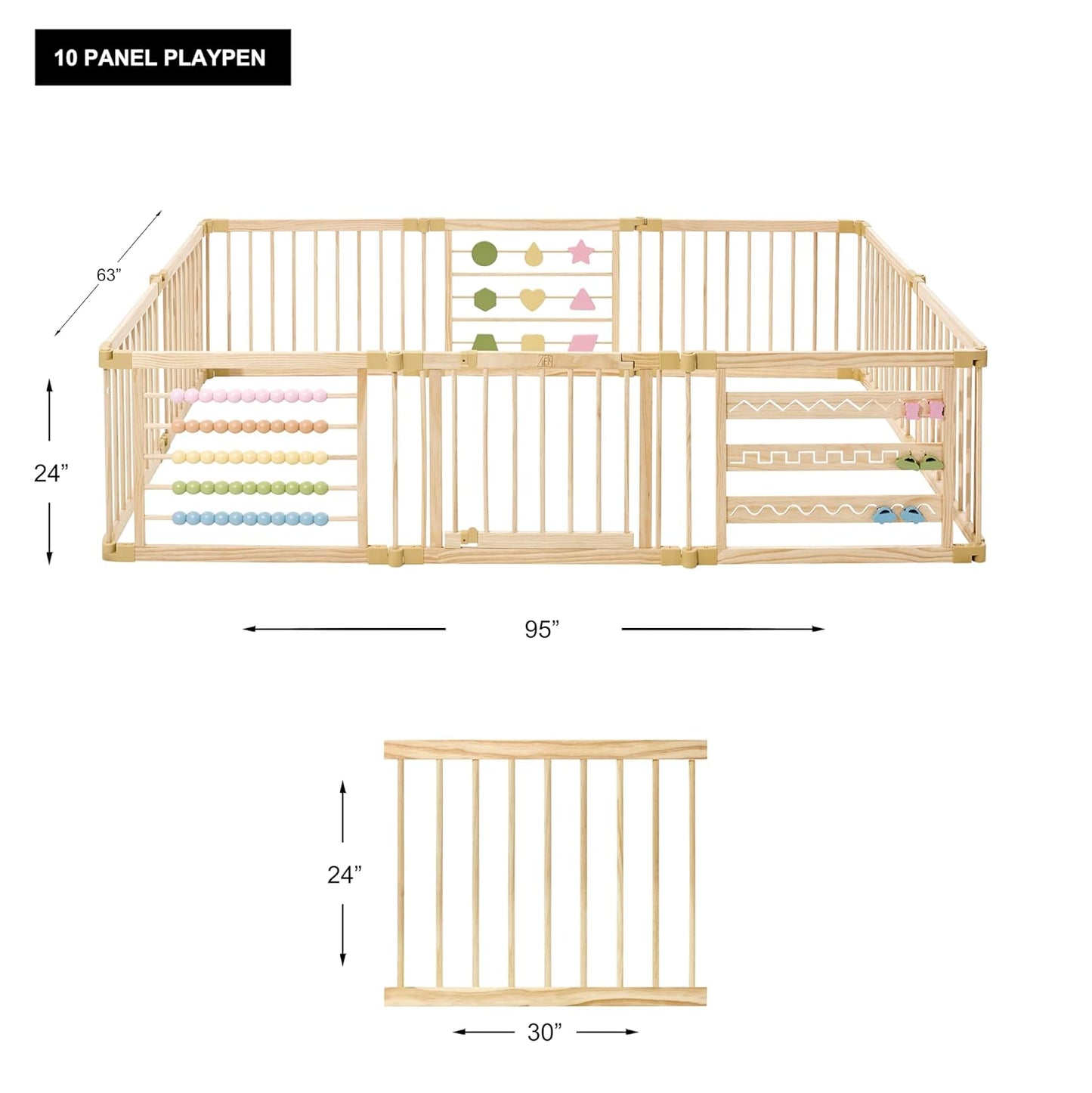 ZETY Natural Wood Playpen with Toys (10-Panel