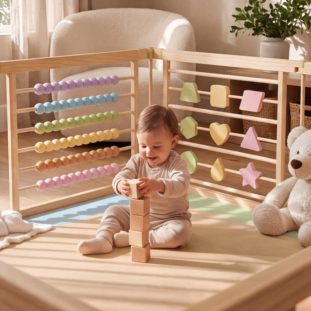 Mother and baby at the toy panel of a ZETY playpen