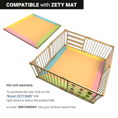 ZETY Natural Wood Baby Playpen- 8  Panel Foldable Play Yard with Door Panel and Built-In  Toys, CPC & SGS Certified
