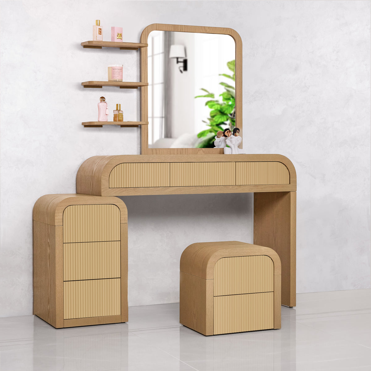 ZETY reed fluted mirrored makeup vanity desk with stool, 8 drawers and 3 shelves in ash veneer