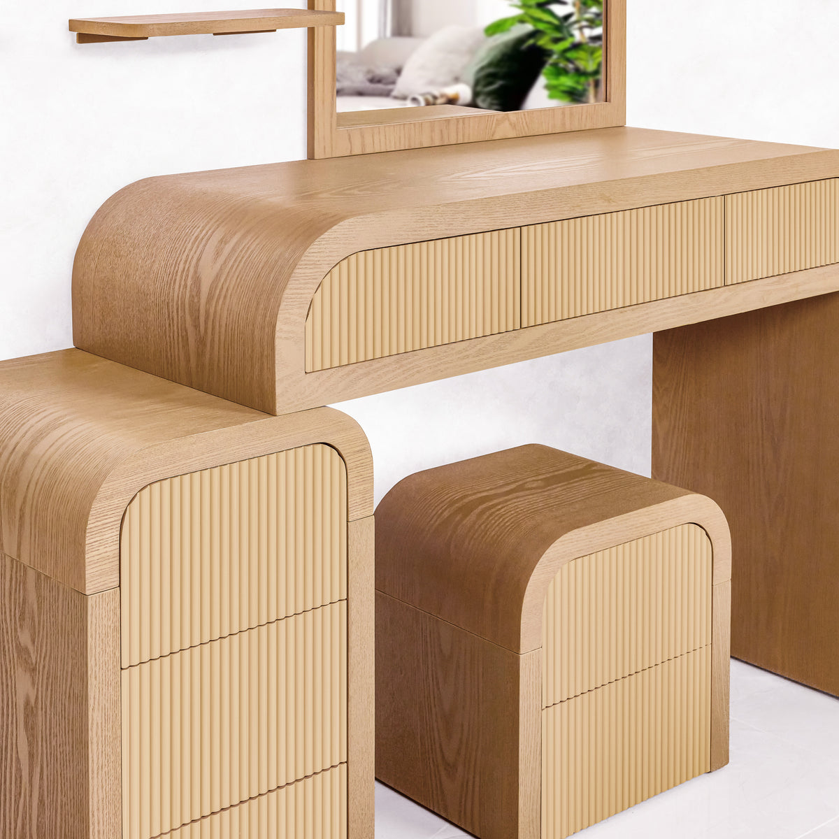 Fluted makeup vanity with mirror and stool, 8 drawers and 3 shelves, ash veneer, ZETY