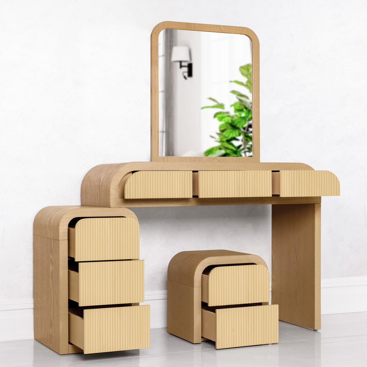 Reed fluted mirrored makeup table with drawer and shelf storage, ZETY
