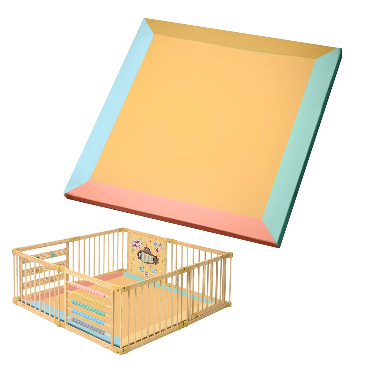 ZETY 8-panel Under the Sea wooden playpen with the padded play mat installed inside, mat included
