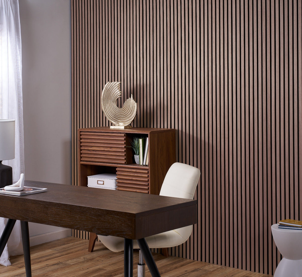 ZETY acoustic wood wall paneling, walnut oak finish, four panels per pack