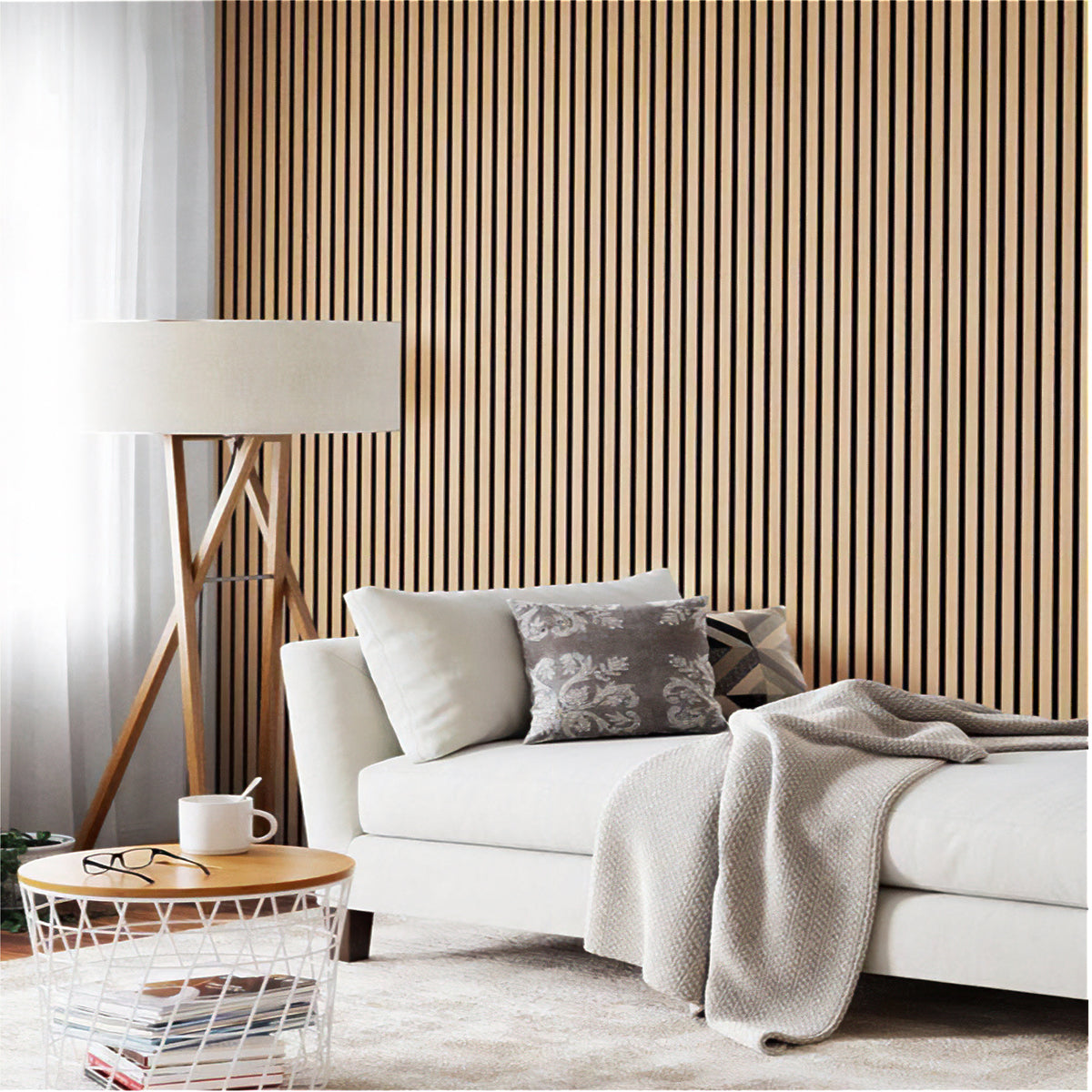 Oak acoustic slat panels for wall decor and sound treatment, ZETY 4 pack