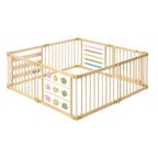 ZETY natural wood baby playpen, 8-panel foldable play yard with door panel and built-in toys
