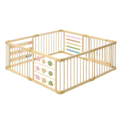 ZETY Natural Wood Baby Playpen- 8  Panel Foldable Play Yard with Door Panel and Built-In  Toys, CPC & SGS Certified