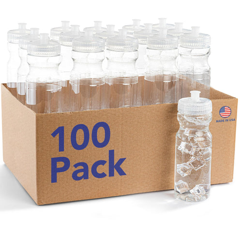 ZETY bulk water bottles, 100 pack of clear 24 ounce reusable BPA-free bottles