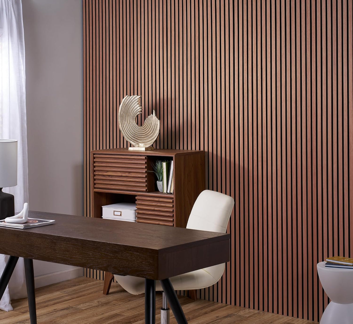 Cherry oak acoustic slat panels for wall decor and sound treatment, ZETY