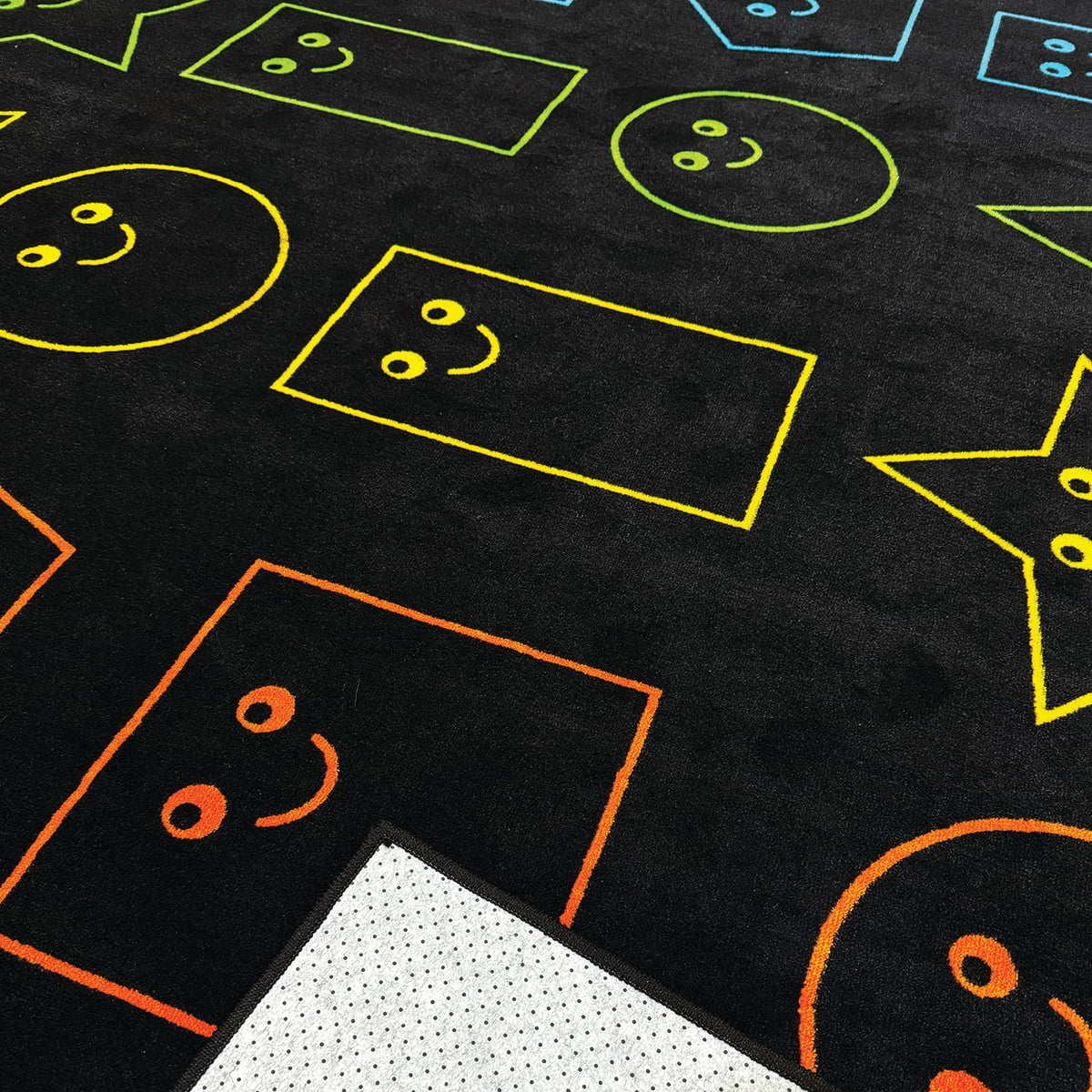 Kids' playroom area rug, 7.6 by 12 feet, pastel smiley face design, ZETY