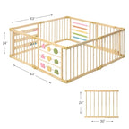 Foldable 8-panel wooden baby play yard in natural wood with a door panel, ZETY