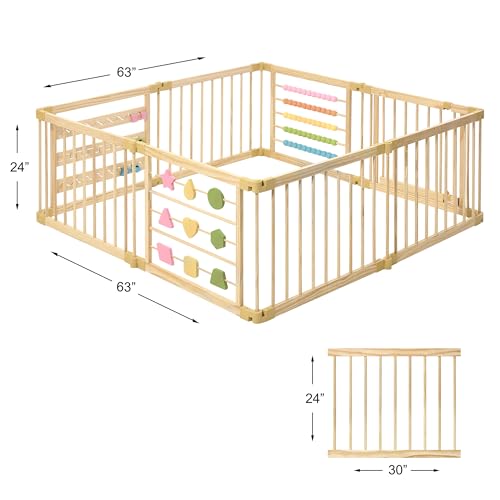 ZETY Natural Wood Baby Playpen- 8  Panel Foldable Play Yard with Door Panel and Built-In  Toys, CPC & SGS Certified