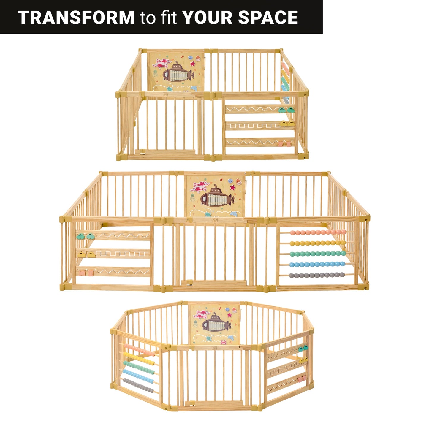 Zety Wooden Baby Playpen – 8-Panel Foldable with Under-The-Sea Toys, CPC & SGS Certified
