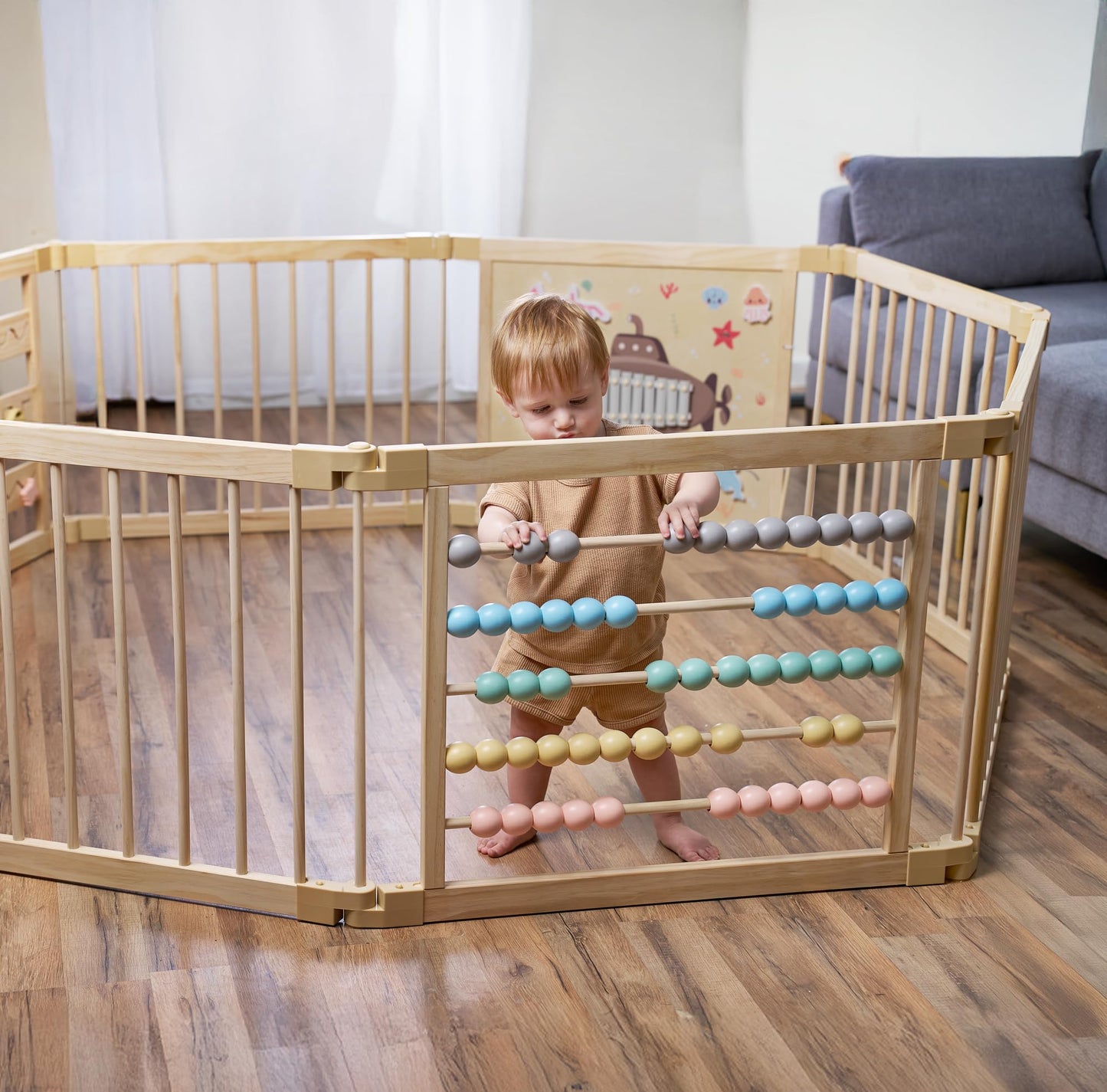 Zety Wooden Baby Playpen – 8-Panel Foldable with Under-The-Sea Toys, CPC & SGS Certified