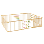 ZETY natural wood baby playpen, 10-panel foldable play yard with door panel and built-in toys