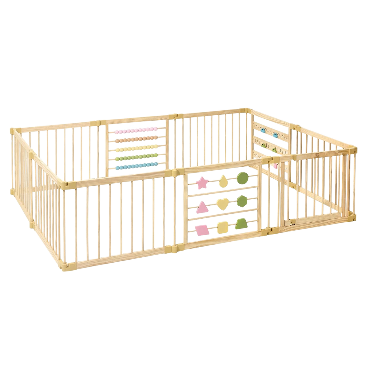 ZETY natural wood baby playpen, 10-panel foldable play yard with door panel and built-in toys