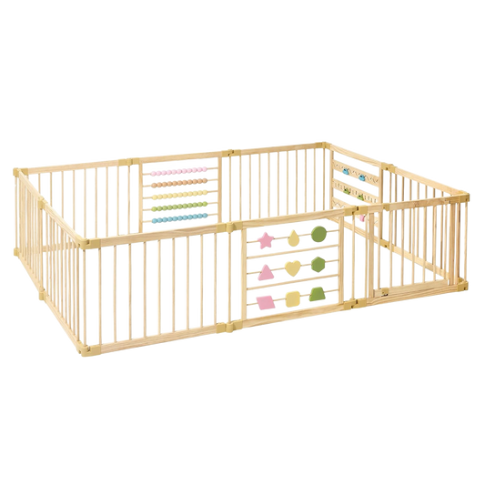 ZETY Natural Wood Playpen with Toys (10-Panel
