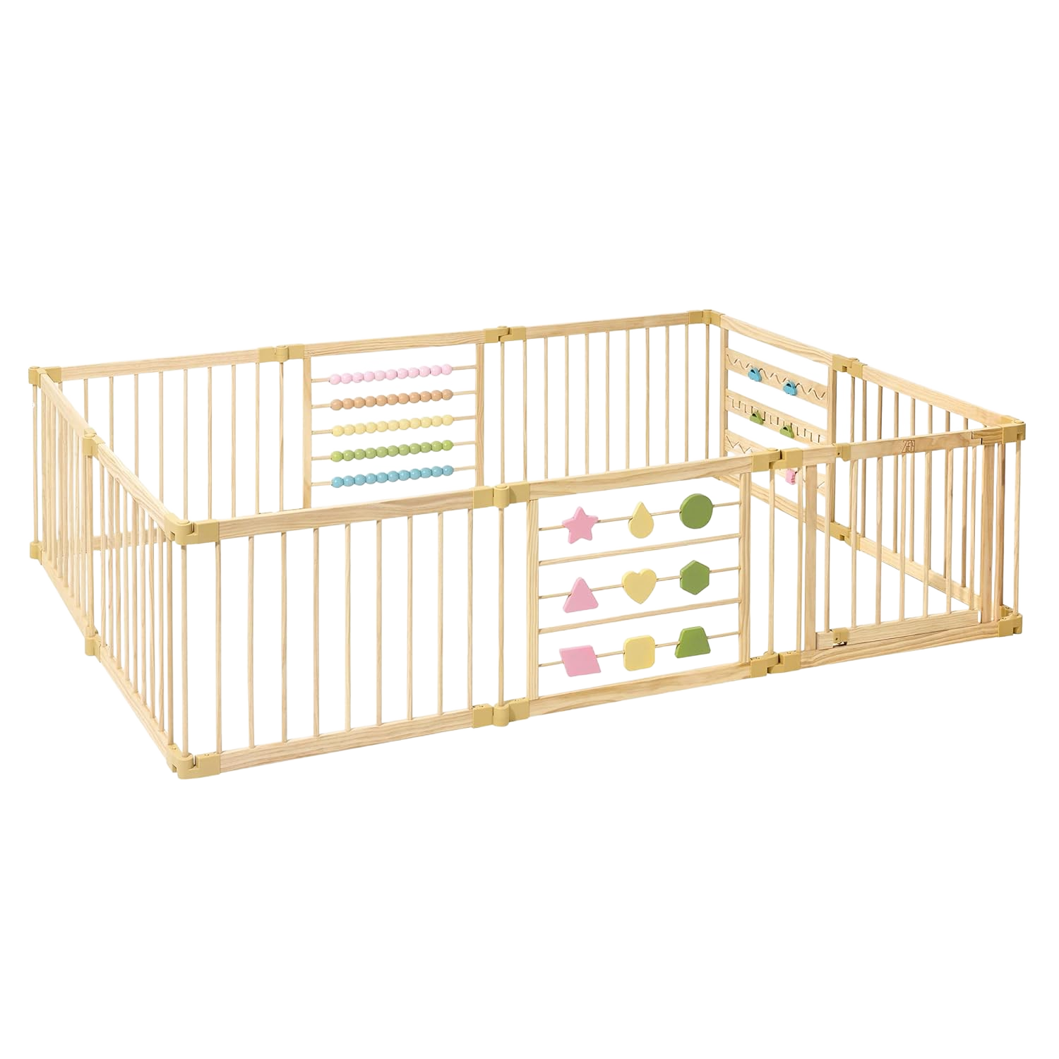 Wooden activity playpen, 10 colored panels, set up as a safe play space