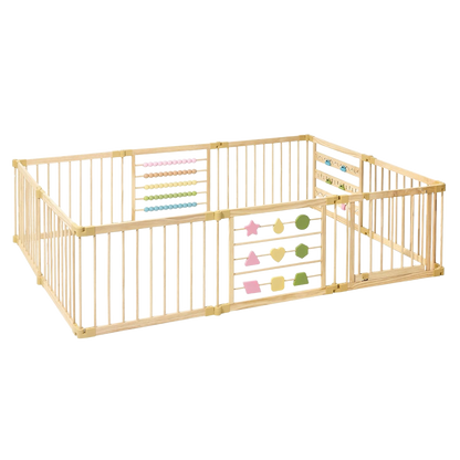 Wooden activity playpen, 10 colored panels, set up as a safe play space