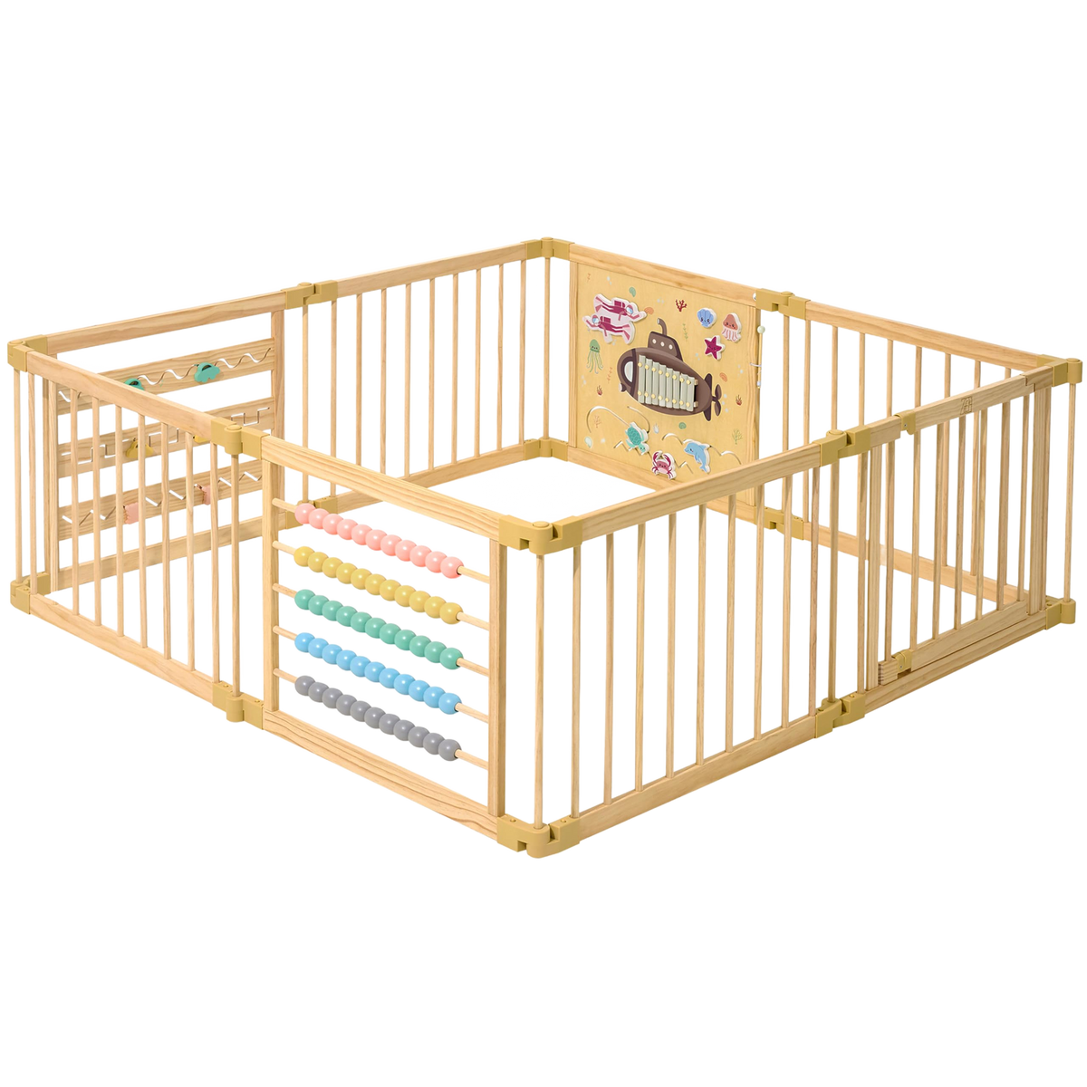 ZETY Under the Sea wooden baby playpen, 8-panel foldable play yard with themed built-in toys