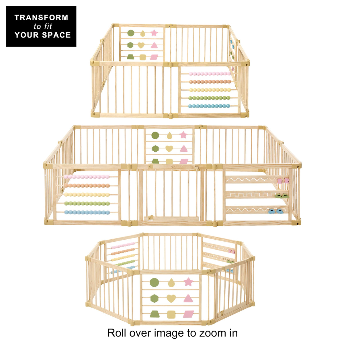 ZETY natural wood playpen for babies, eight panels, folds flat