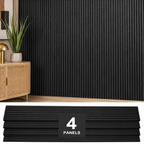 ZETY black oak acoustic slat wall panels on a finished accent wall above the 4-panel pack, 94.5 x 12 inches