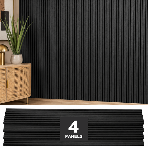 ZETY black oak acoustic slat wall panels on a finished accent wall above the 4-panel pack, 94.5 x 12 inches