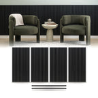 Black wainscoting panels from ZETY installed as a half wall with the top molding fitted, shown above the four 24 by 48 inch slat panels and two 48 inch molding pieces included in the pack